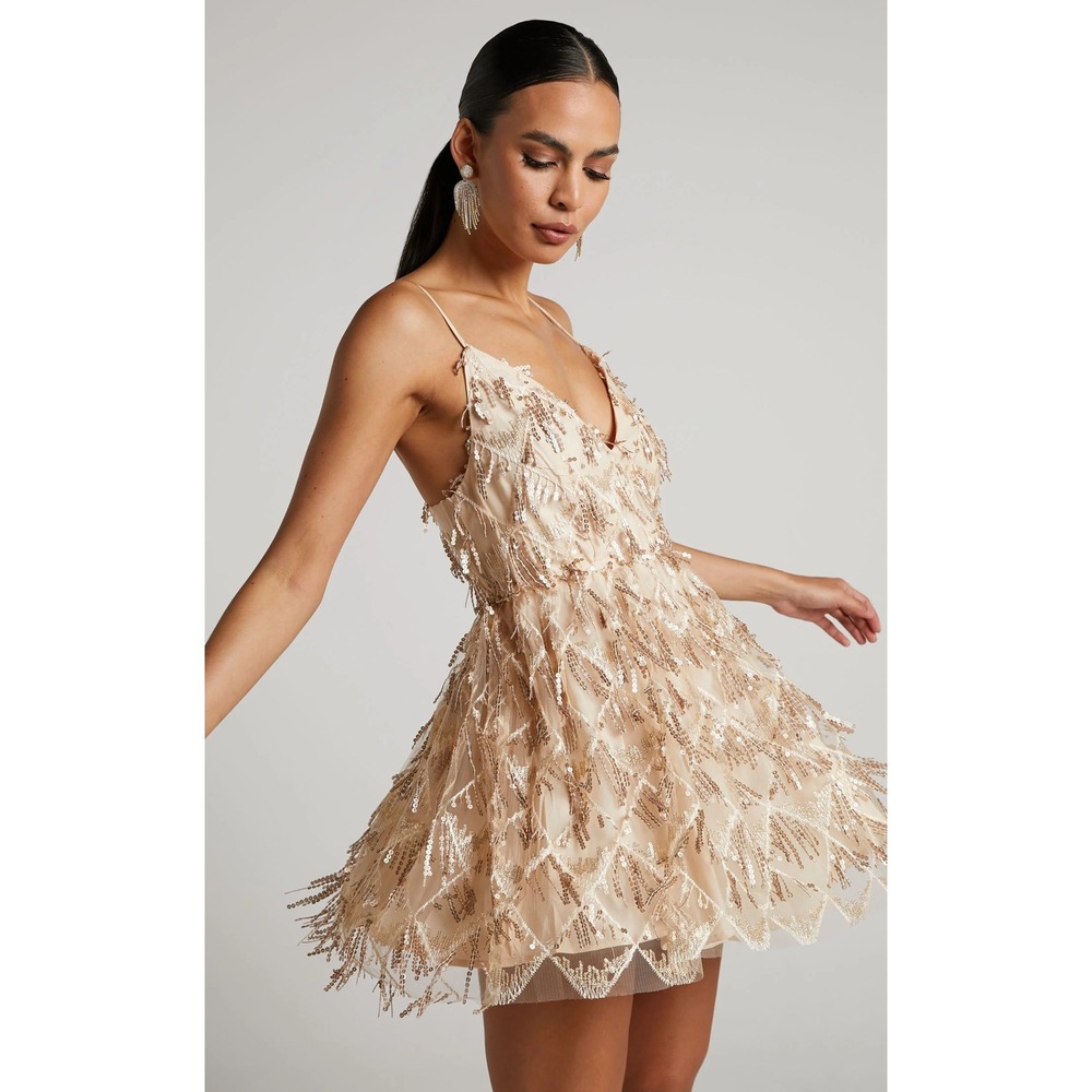 Showpo NWT Khrizza Sequin Gathered Mini Dress Gold Size 2 Eras Tour Taylor Swift